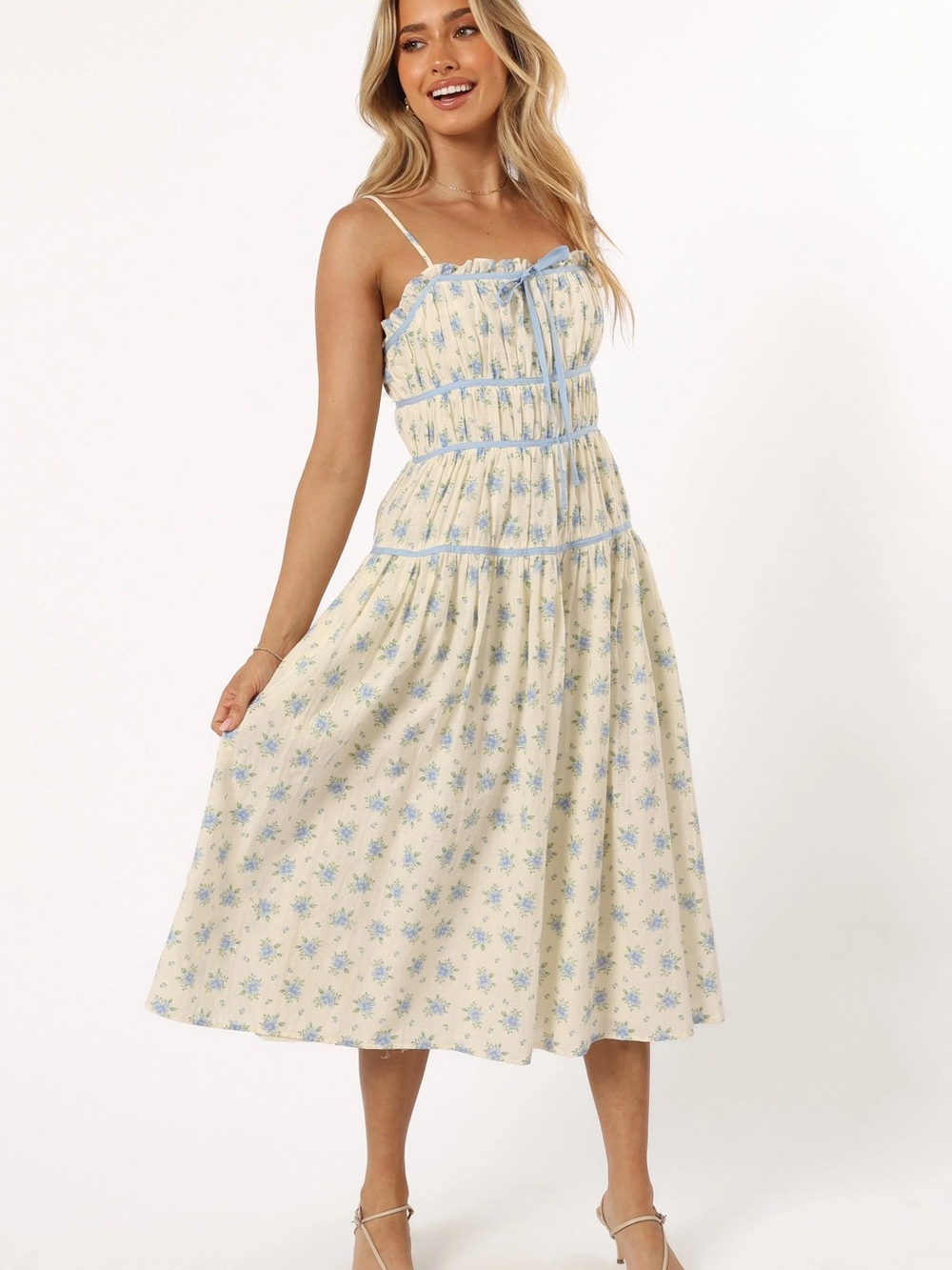 Petal & Pup Felicity Blue Floral Midi Dress Cottagecore Smocked Tiered Boho